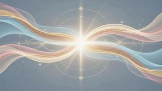 Abstract luminous waves of soft blue, pink, and gold converging at a radiant center, symbolizing balance and unity.